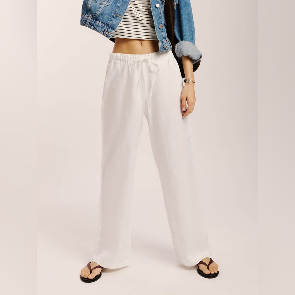 Reformation White Flowy Straight Leg Pants Drawstring Tie Waist 100% Rayon